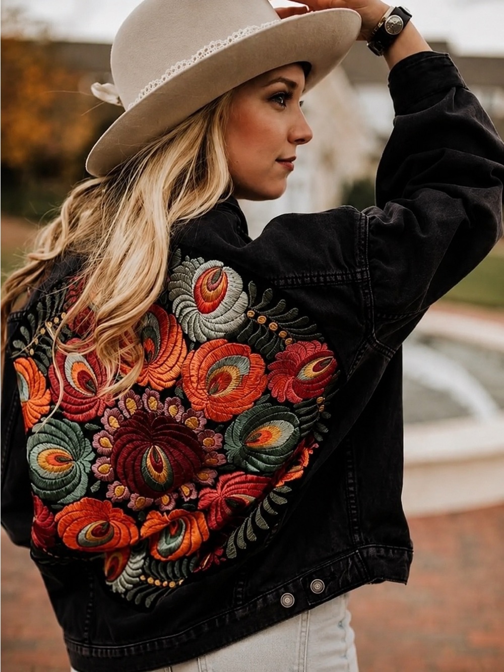 Black Denim Jacket with Colorful Embroidered Back